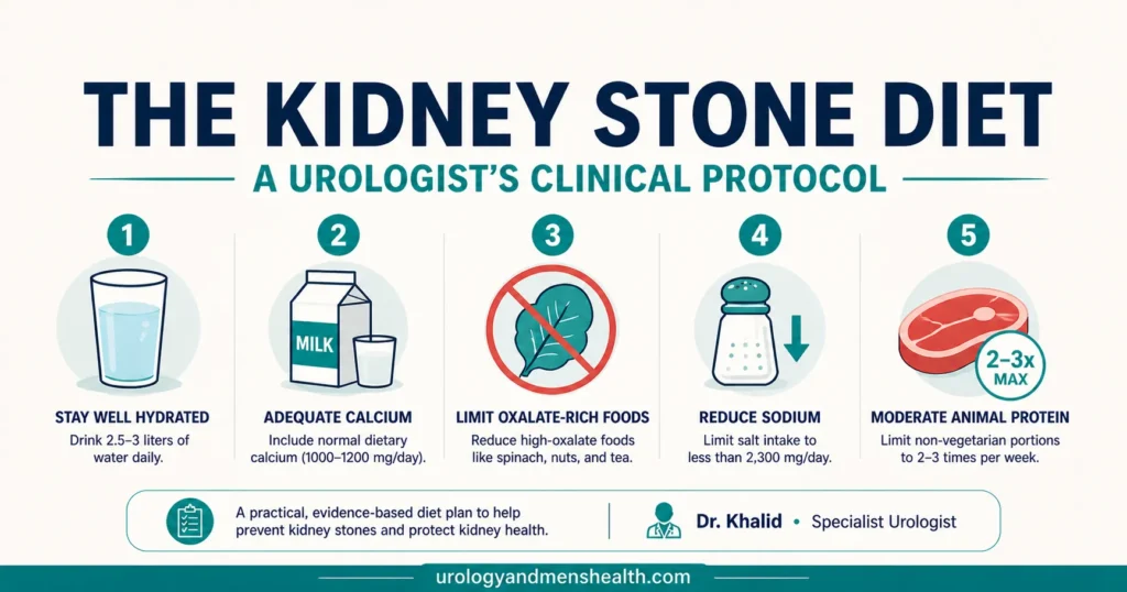 Kidney stone diet protocol infographic by urologist Dr. Muhammad Khalid