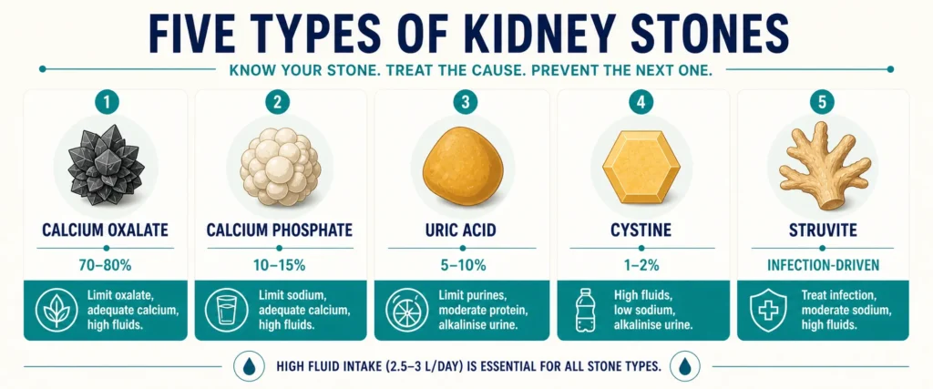 The Kidney Stone Diet: My Clinical Protocol for Prevention 2 Five kidney stone types — calcium oxalate, calcium phosphate, uric acid, cystine, struvite