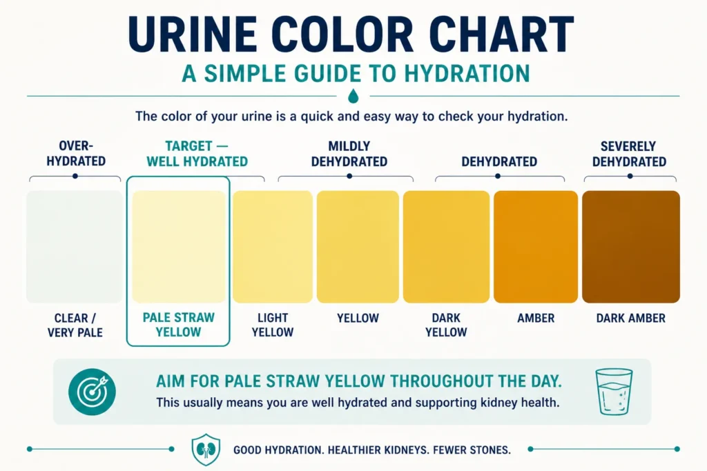 The Kidney Stone Diet: My Clinical Protocol for Prevention 3 Urine color hydration chart for kidney stone prevention — pale yellow is the target