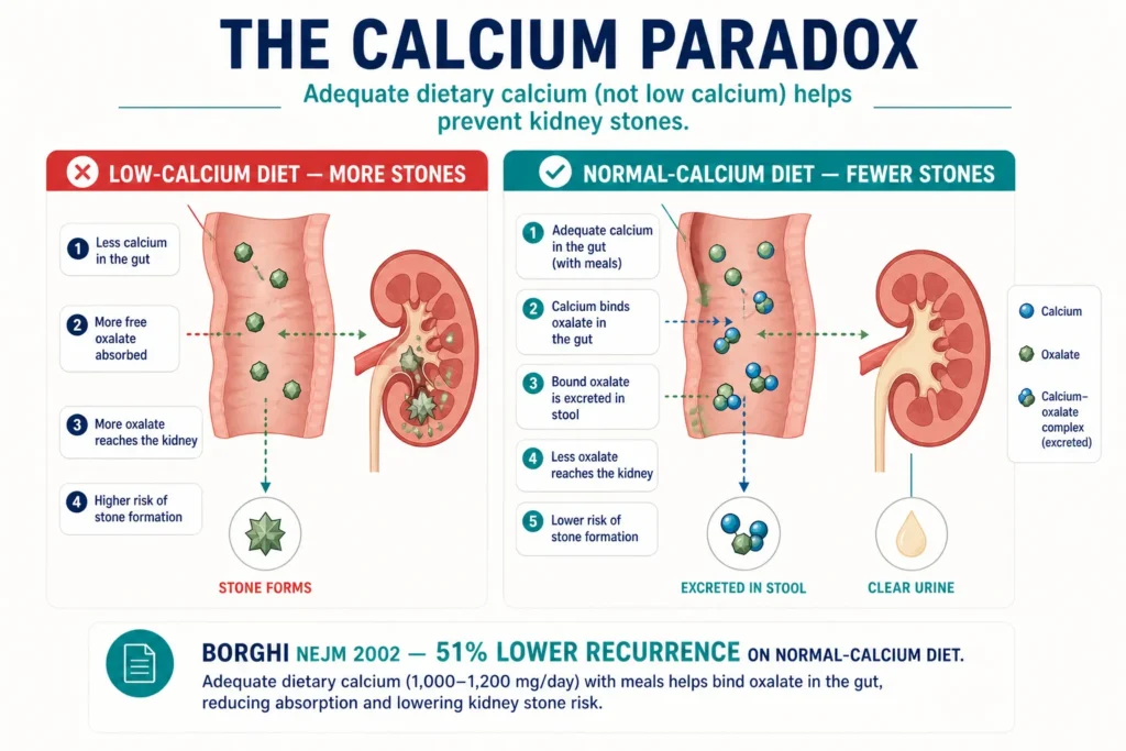 The Kidney Stone Diet: My Clinical Protocol for Prevention 4 How dietary calcium binds oxalate in the gut to prevent kidney stones