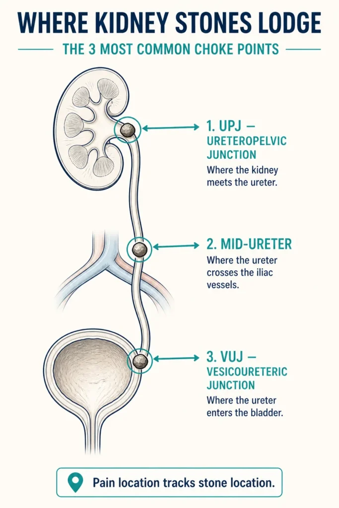 Kidney Stones: Complete Guide from a Urologist | Causes, Symptoms & Treatment 2 Anatomical diagram of kidney ureter and bladder showing the three common kidney stone lodging points UPJ mid-ureter and VUJ