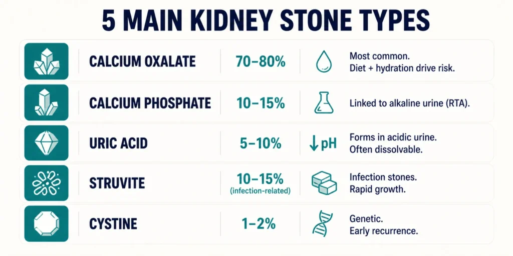 Kidney Stones: Complete Guide from a Urologist | Causes, Symptoms & Treatment 3 Infographic comparing the five main kidney stone types calcium oxalate uric acid struvite cystine and calcium phosphate