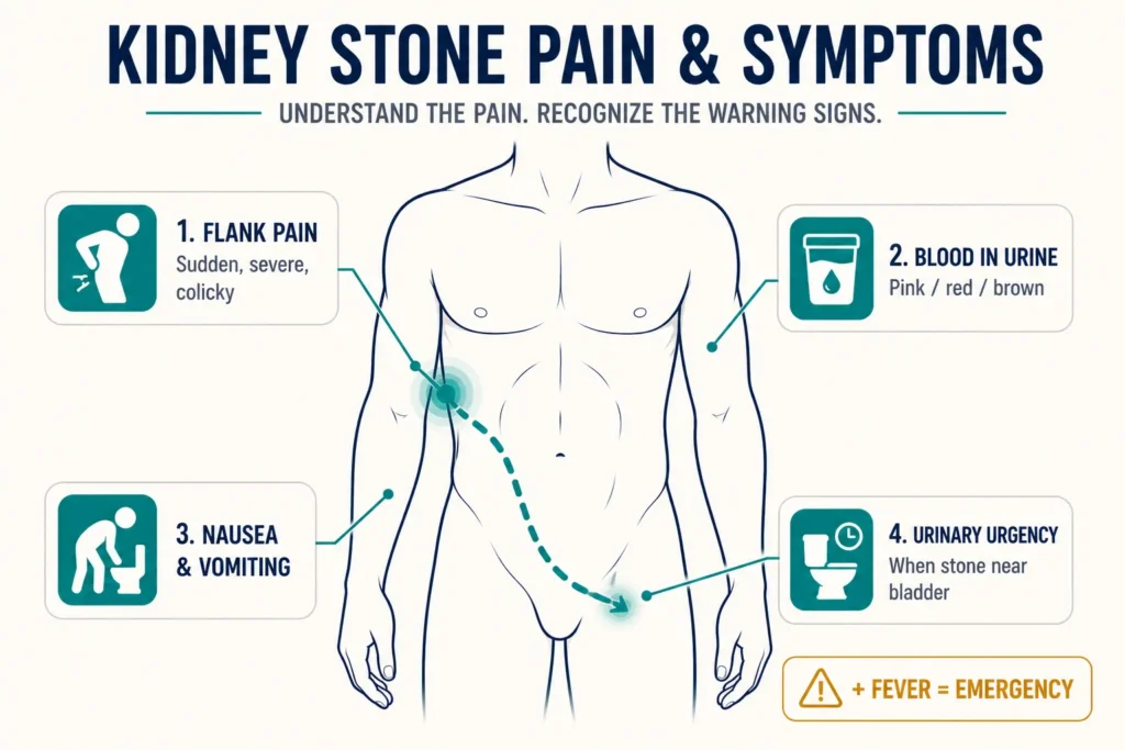 Kidney Stones: Complete Guide from a Urologist | Causes, Symptoms & Treatment 4 Diagram showing kidney stone pain locations radiating from flank to groin and the four classic symptoms of renal colic