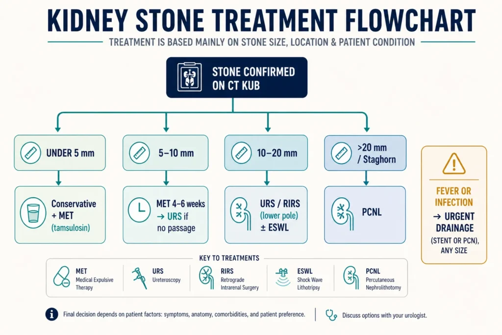 Kidney Stones: Complete Guide from a Urologist | Causes, Symptoms & Treatment 5 Kidney stone treatment decision flowchart by stone size showing conservative management URS RIRS ESWL and PCNL pathways