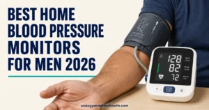 Best home blood pressure monitors for men 2026 — upper arm cuff display showing systolic, diastolic and pulse readings.