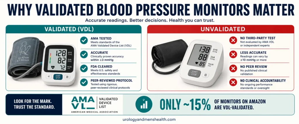 Best Home Blood Pressure Monitors for Men 2026 3 Comparison of validated versus unvalidated home blood pressure monitor accuracy showing AMA VDL standards.