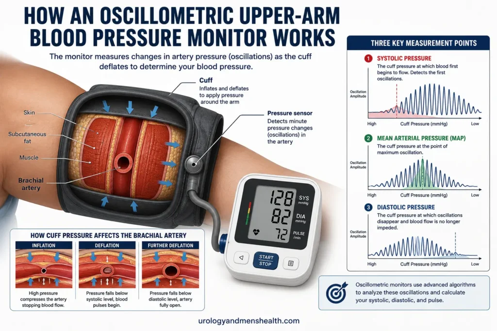 Best Home Blood Pressure Monitors for Men 2026 4 Oscillometric upper arm blood pressure monitor cross-section showing brachial artery, cuff, and pressure sensor mechanism.