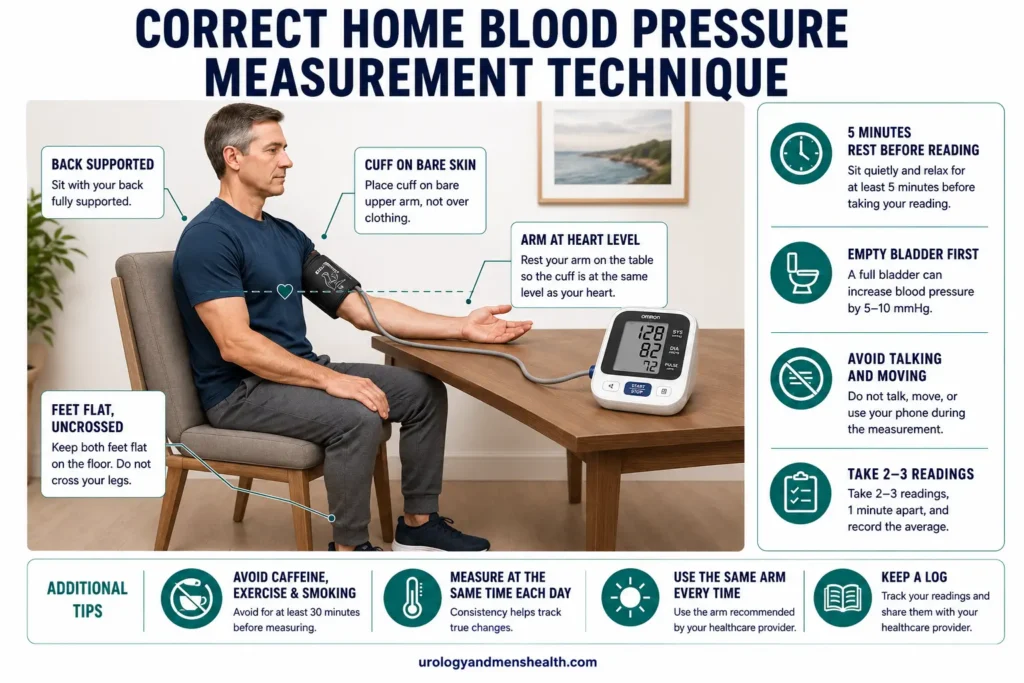 Best Home Blood Pressure Monitors for Men 2026 6 Correct home blood pressure measurement technique showing arm position cuff placement and posture for accurate reading.