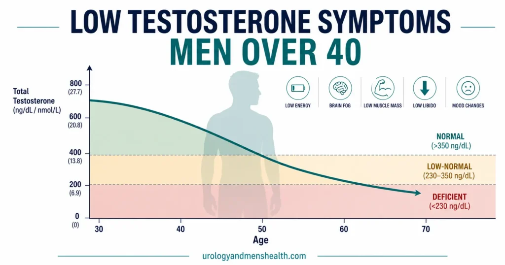 Testosterone levels declining with age in men over 40 shown on a clinical graph