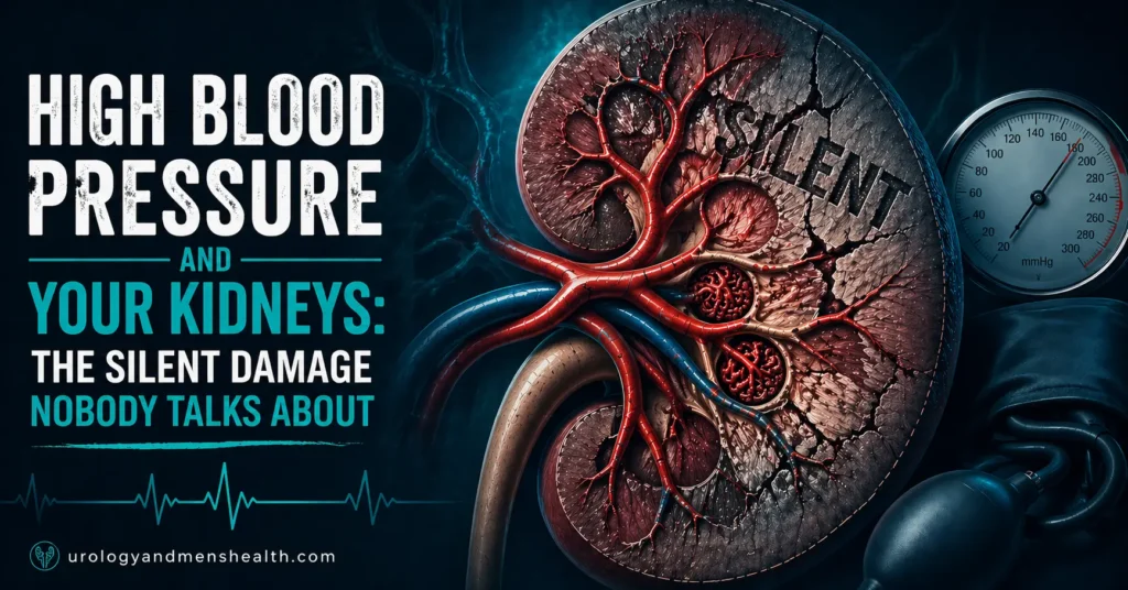 Medical illustration showing how high blood pressure silently damages kidney blood vessels over time