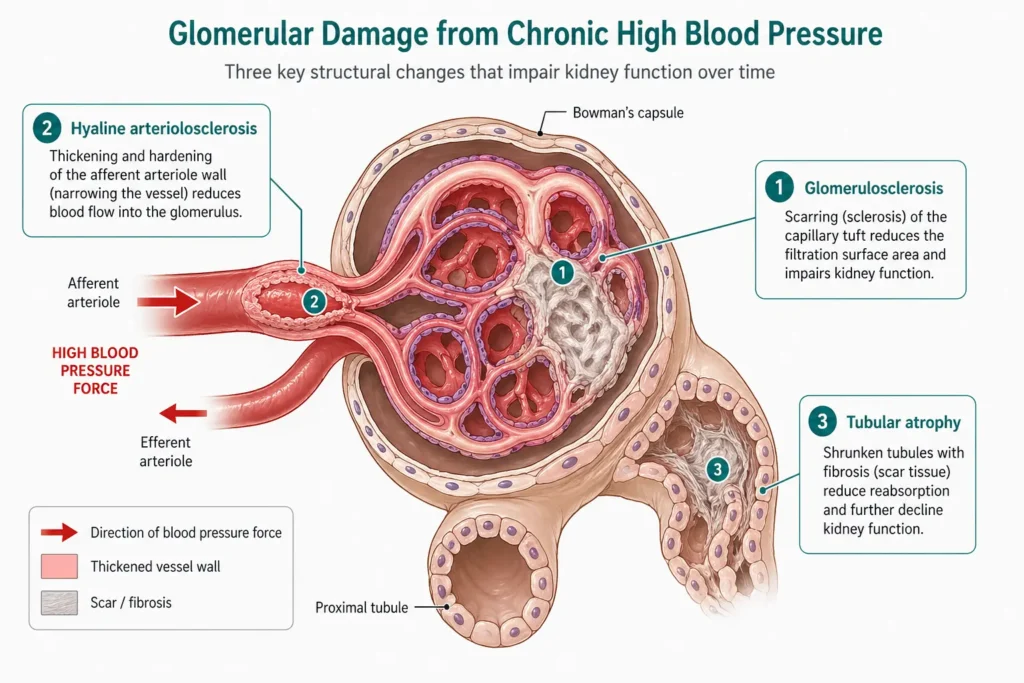 Cross-section diagram of a glomerulus showing three stages of damage from chronic high blood pressure: scarring, arteriolar thickening, and fibrosis
