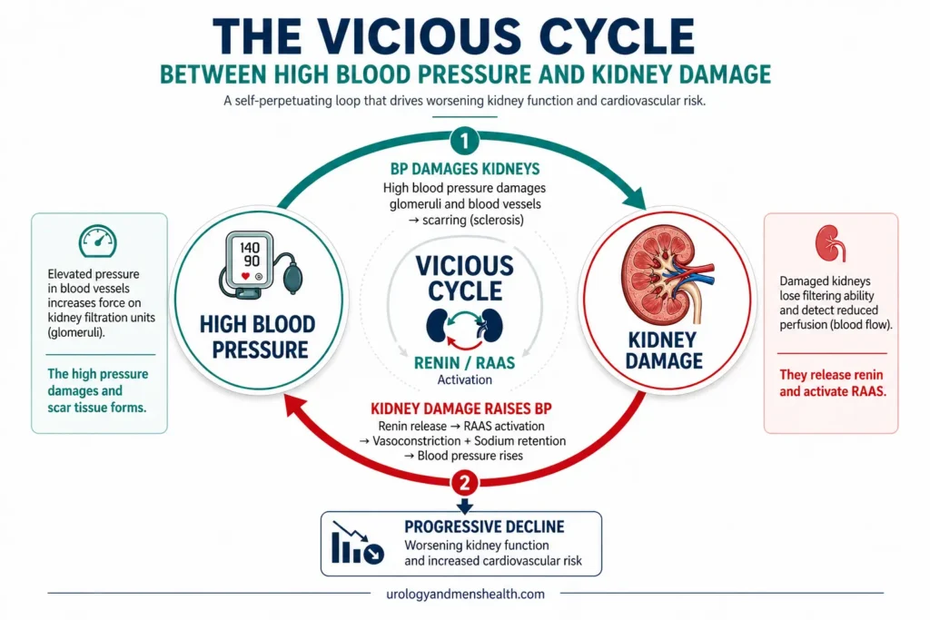 Circular diagram showing the bidirectional feedback loop between high blood pressure and kidney damage, with RAAS activation in the centre