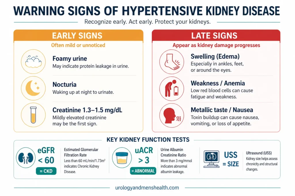 Split panel showing early versus late warning signs of hypertensive kidney disease with kidney function test values for eGFR and uACR