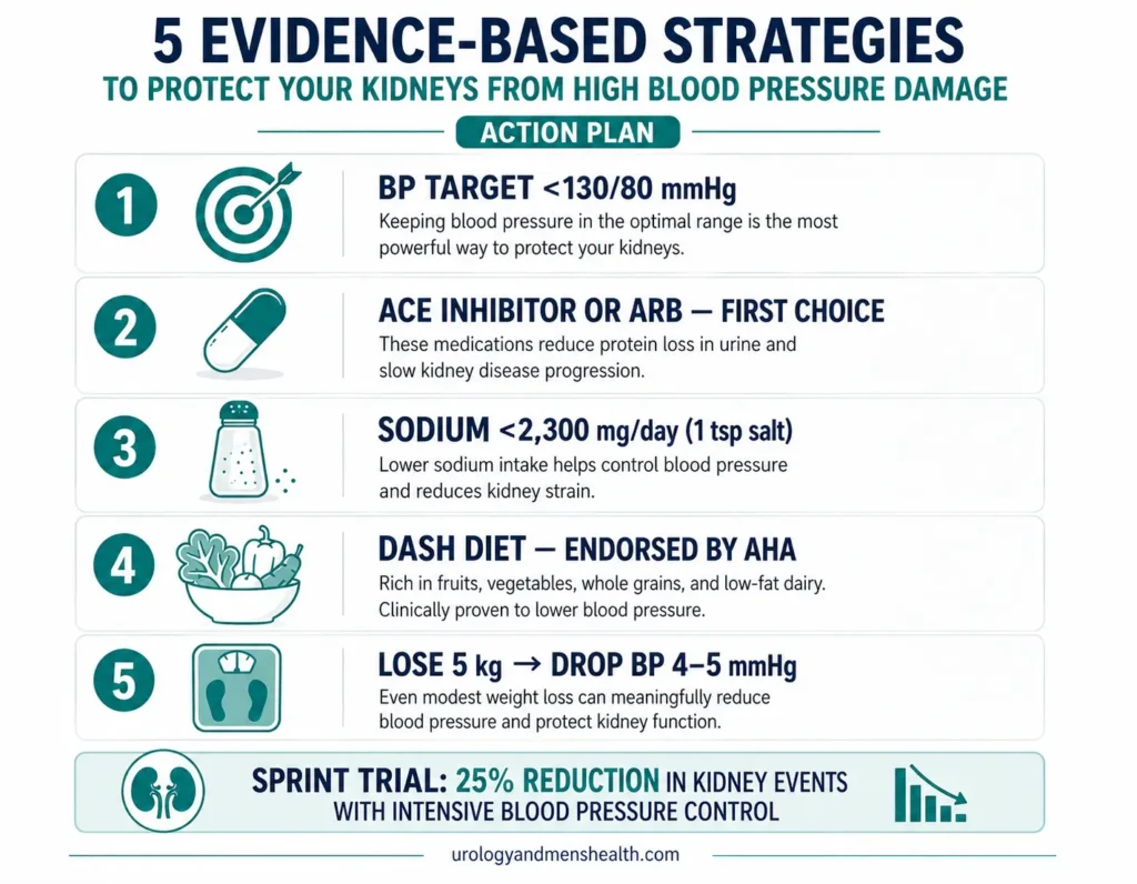 Five evidence-based strategies to protect kidneys from high blood pressure damage shown as a numbered action plan