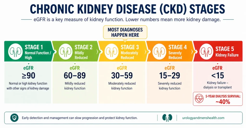 CKD stage progression diagram showing eGFR values from Stage 1 normal function through to Stage 5 end-stage renal disease requiring dialysis