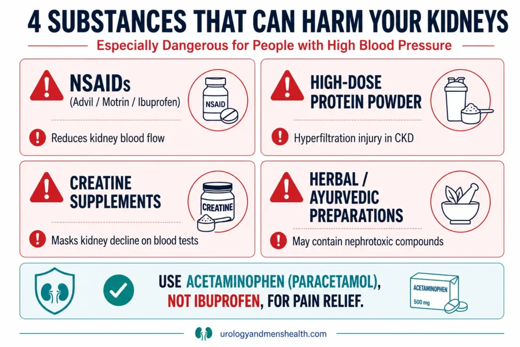 Warning graphic showing four nephrotoxic substances dangerous for hypertension patients: NSAIDs, high-dose protein supplements, creatine, and herbal preparations