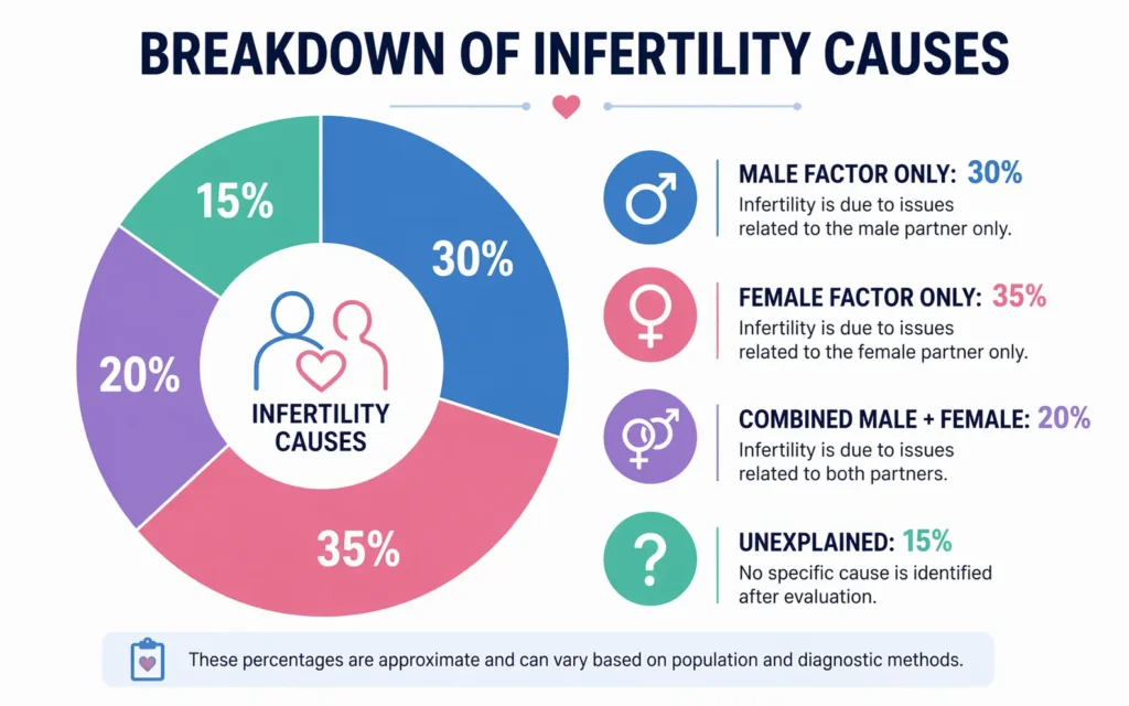 Infertility causes breakdown showing male factor contributing to approximately 50 percent of cases
