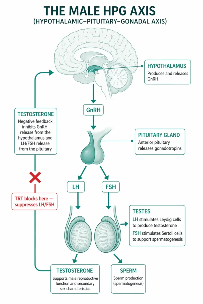 Hypothalamic-pituitary-gonadal axis diagram showing how hormones regulate sperm and testosterone production