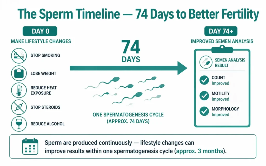 Spermatogenesis timeline showing 74 days from lifestyle change to improved sperm quality