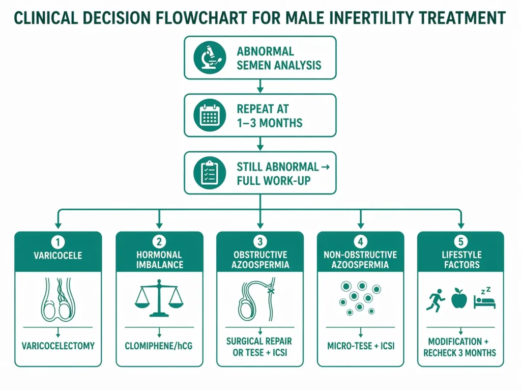 Male infertility treatment pathway flowchart showing options from semen analysis to surgical and medical interventions