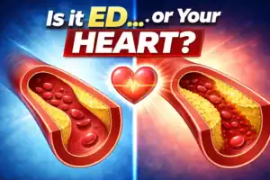 Medical illustration showing the connection between cardiovascular health, arterial plaque, and erectile dysfunction.