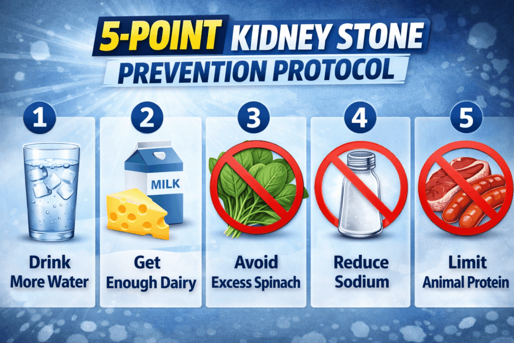 Clinical infographic detailing the five dietary rules that prevent kidney stones