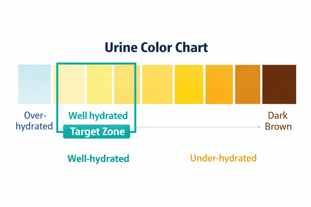 Urine color chart demonstrating proper hydration levels for kidney stone prevention