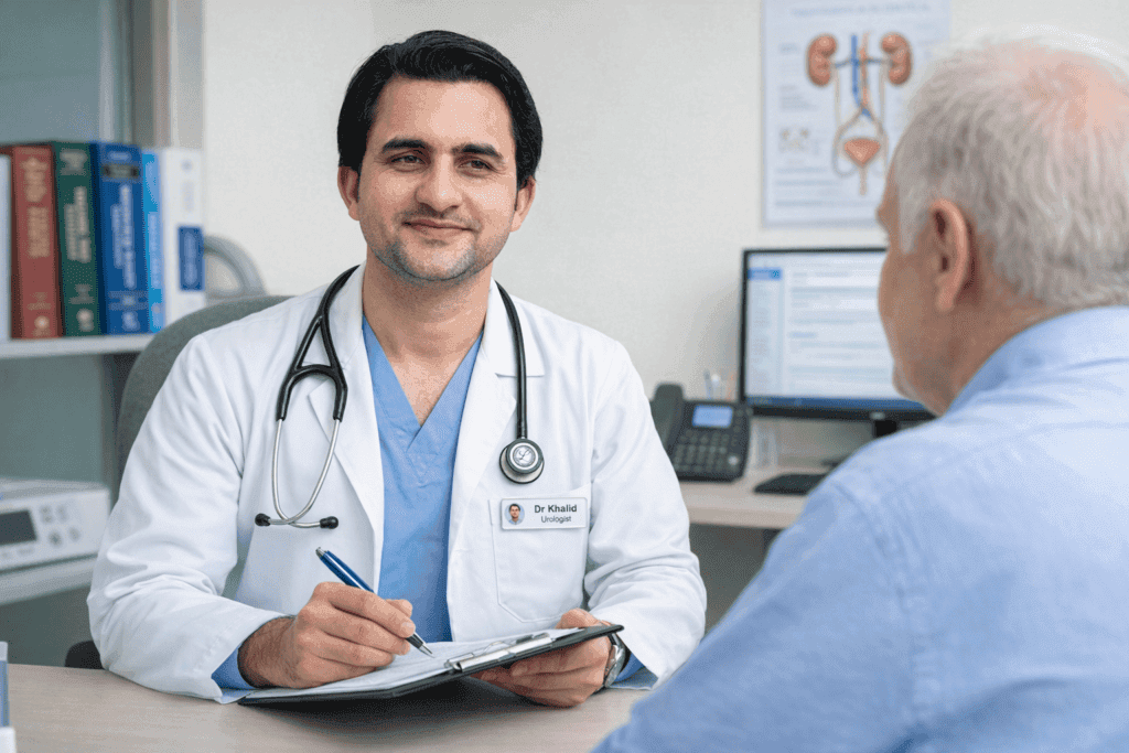Doctor reviewing kidney stone prevention diet with a patient in clinic