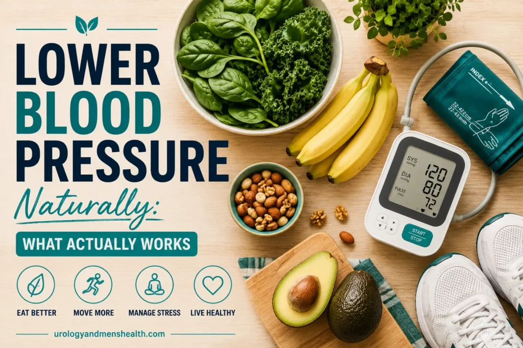Fresh produce, blood pressure cuff, and walking shoes on a wooden table representing natural ways to lower blood pressure naturally