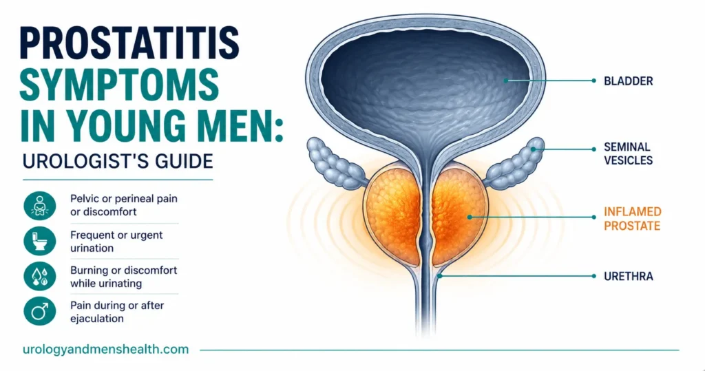 Anatomical diagram of the male prostate gland showing inflammation indicating prostatitis. prostatitis symptoms in young men