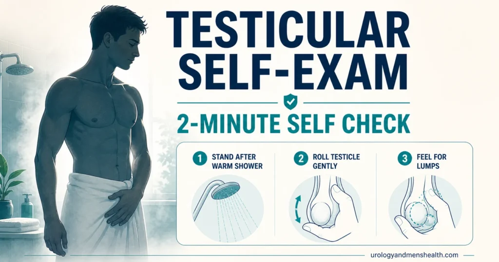 Testicular Self-Exam: Lumps, Cancer & Diagnosis 1 Young man performing a testicular self-exam in bathroom — illustrated guide with teal accent.