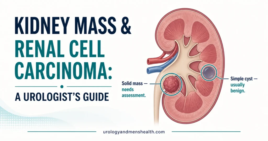 Cross-section illustration of a kidney showing a small solid renal mass and a simple cyst, with annotations. Kidney Mass & Renal Cell Carcinoma