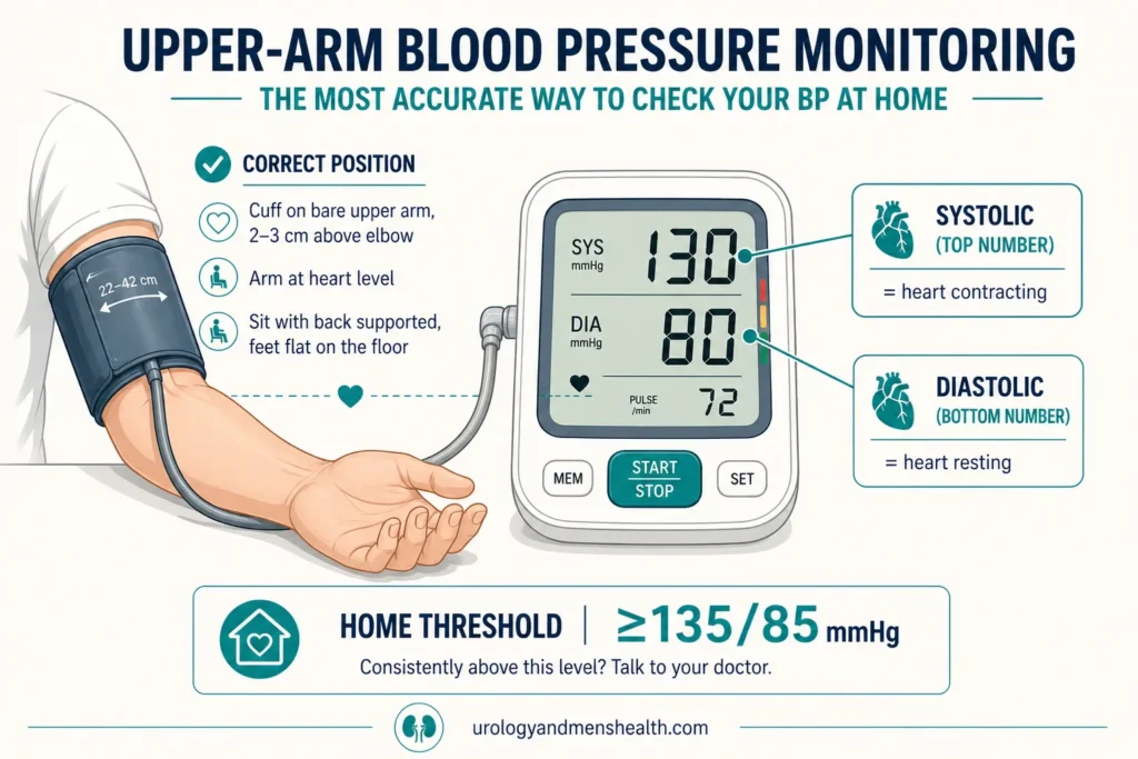 Diagram of an upper-arm blood pressure cuff with a digital monitor showing 130/80 mmHg
