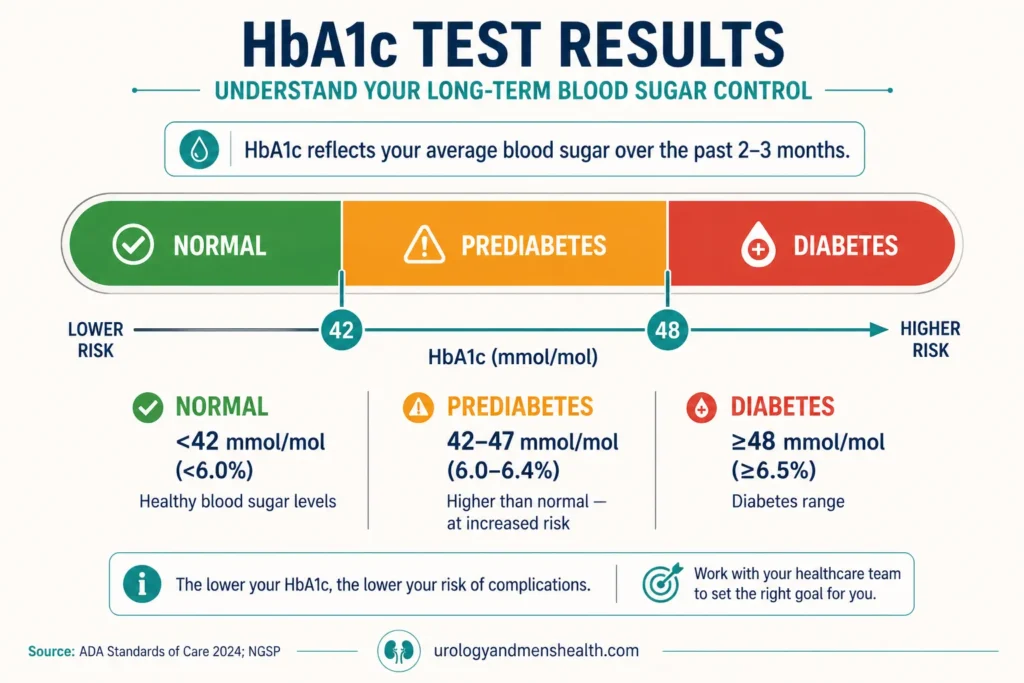 HbA1c test result chart showing normal, prediabetes, and diabetes ranges with values in mmol/mol and percentage