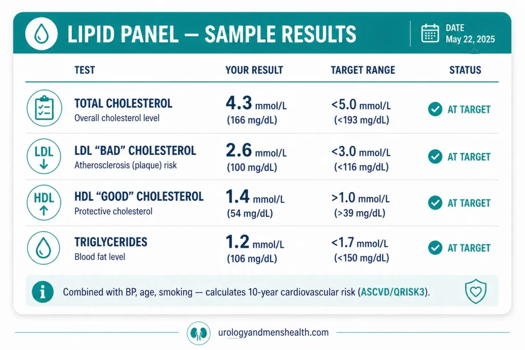 Lipid panel results card showing total cholesterol, LDL, HDL, and triglycerides with target ranges