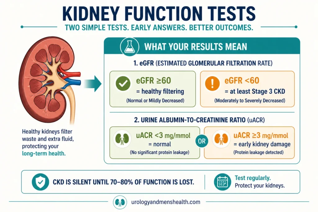 Kidney function test infographic showing eGFR stages and the urine albumin-to-creatinine ratio