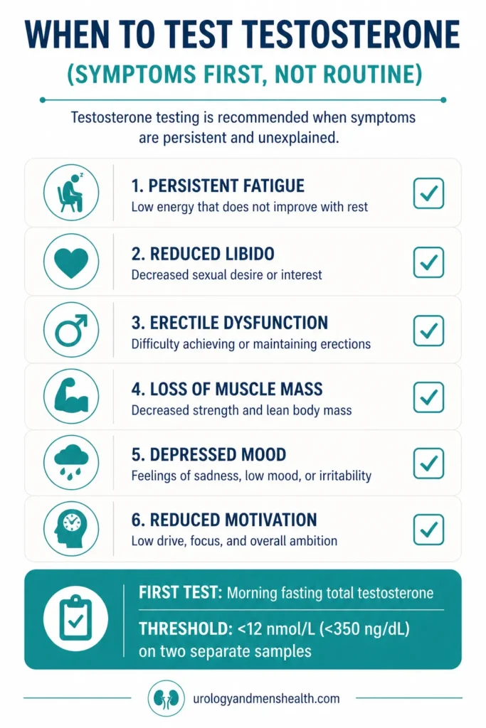 Symptom checklist for low testosterone showing fatigue, low libido, mood changes, and reduced muscle mass