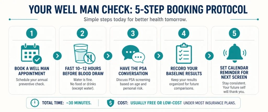 Five-step booking protocol for a well man check showing book appointment, fast, ask about PSA, record results, set reminder
