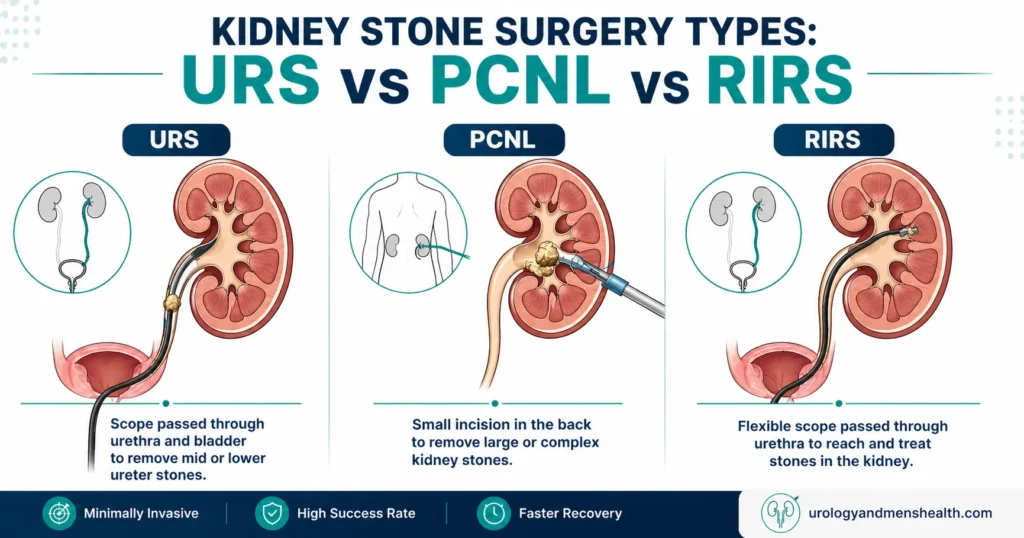 Kidney Stone Surgery Types: URS vs PCNL vs RIRS 1 Comparison diagram of three kidney stone surgery types — URS, PCNL, and RIRS — showing instrument paths into the urinary tract