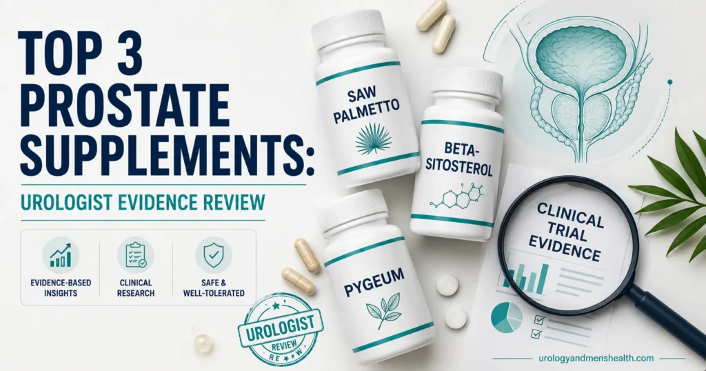 Supplement capsules arranged with a prostate anatomy diagram and a magnifying glass representing urologist evidence review of prostate supplements. saw palmetto evidence, beta-sitosterol BPH, pygeum review