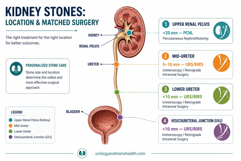 Kidney Stone Surgery Types: URS vs PCNL vs RIRS 2 Diagram of the urinary tract showing where kidney stones lodge and which surgery type matches each location