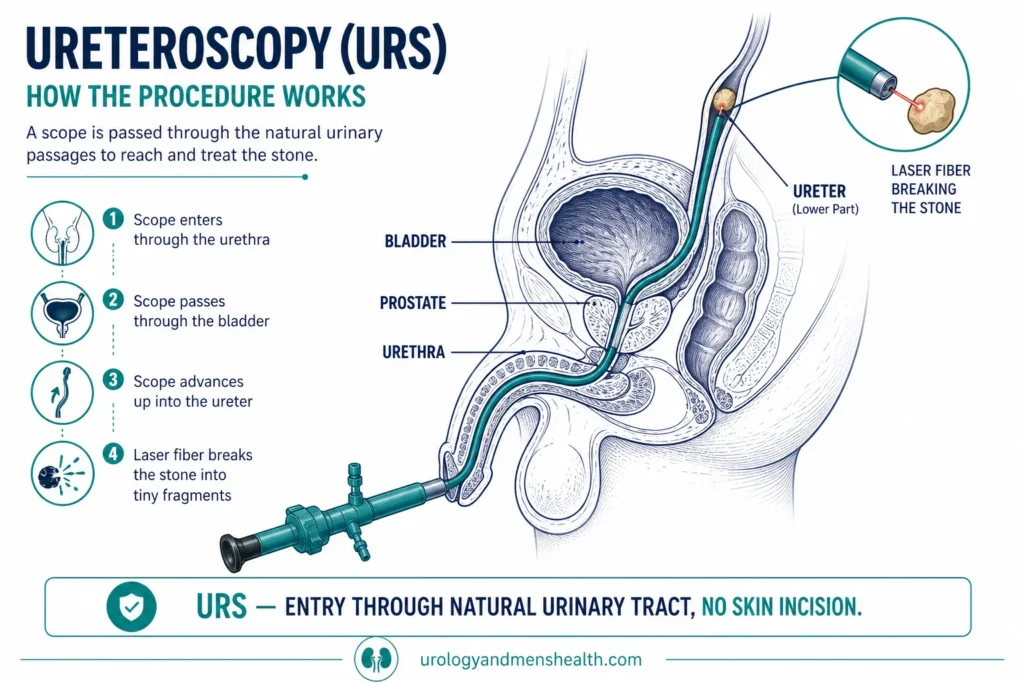 Kidney Stone Surgery Types: URS vs PCNL vs RIRS 3 Cross-section diagram showing ureteroscopy URS procedure with semi-rigid scope passing through the urethra and bladder up into the ureter