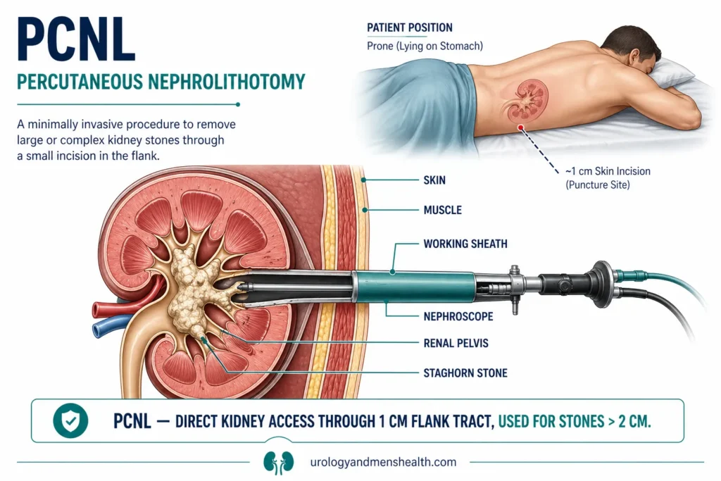 Kidney Stone Surgery Types: URS vs PCNL vs RIRS 4 Cross-section diagram showing PCNL percutaneous nephrolithotomy with small flank incision and sheath passing through skin into kidney