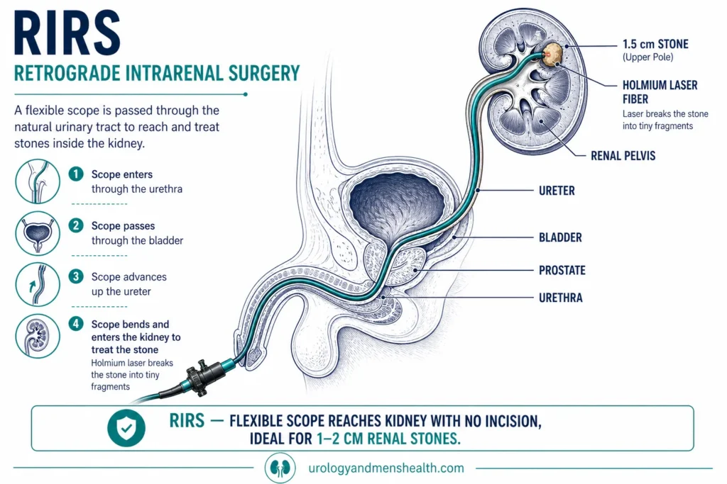 Kidney Stone Surgery Types: URS vs PCNL vs RIRS 5 Cross-section diagram showing RIRS retrograde intrarenal surgery with flexible scope curving up through the urinary tract into the renal pelvis