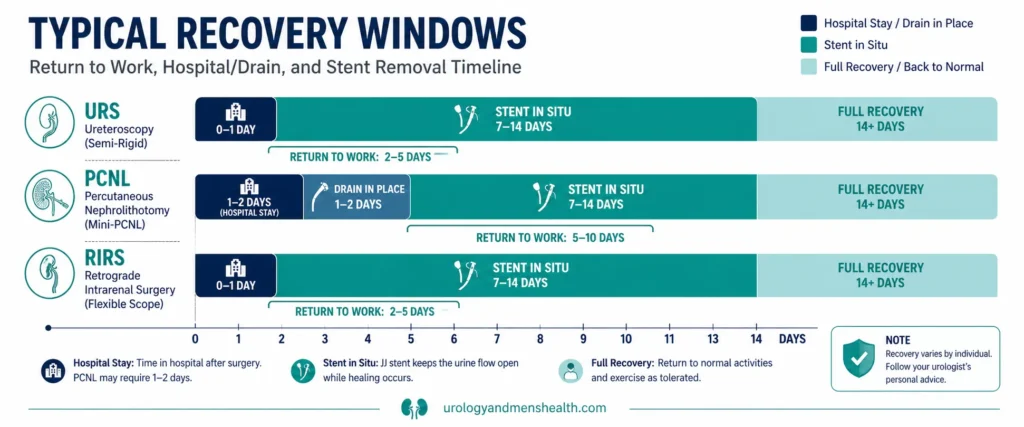 Kidney Stone Surgery Types: URS vs PCNL vs RIRS 6 Recovery timeline chart comparing return-to-work and stent removal timing for URS, PCNL, and RIRS kidney stone surgeries