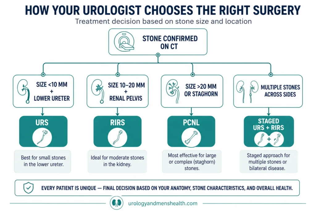 Kidney Stone Surgery Types: URS vs PCNL vs RIRS 7 Decision tree diagram showing how a urologist chooses between URS, PCNL, and RIRS based on stone size and location