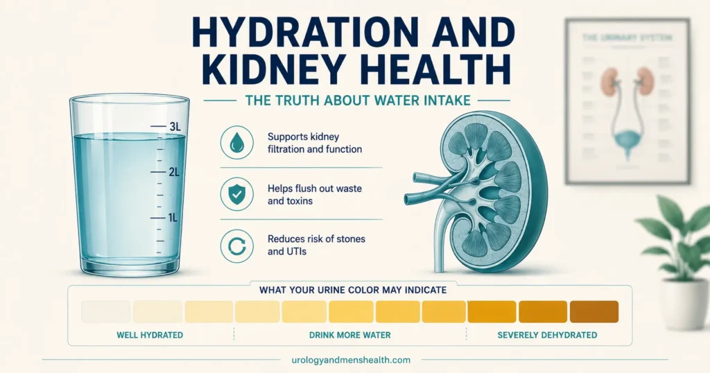 Glass of water beside a stylized kidney showing the link between hydration and kidney health function