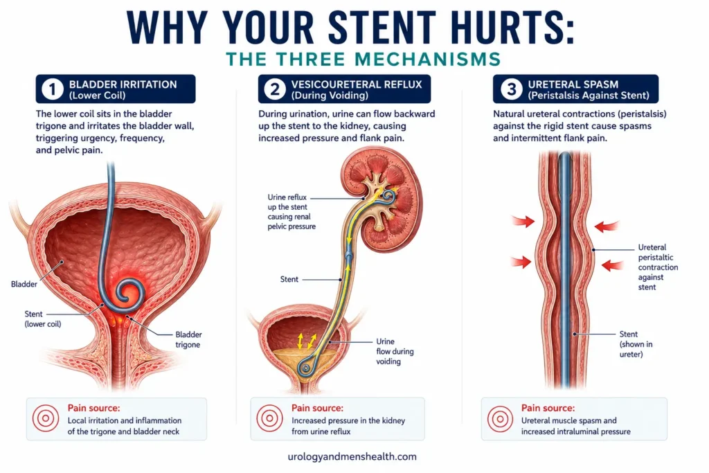 Kidney Stone Stent Pain: What Nobody Warns You About 2 Medical illustration showing the three pain mechanisms of a ureteric stent