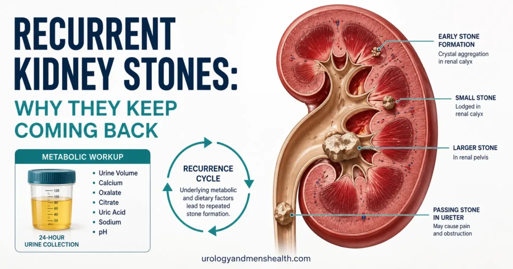 Recurrent kidney stones forming inside a cross-section kidney, with metabolic workup chart alongside