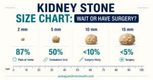 Kidney stone size chart comparing 2mm, 5mm, 10mm, and 15mm stones with passage probability percentages